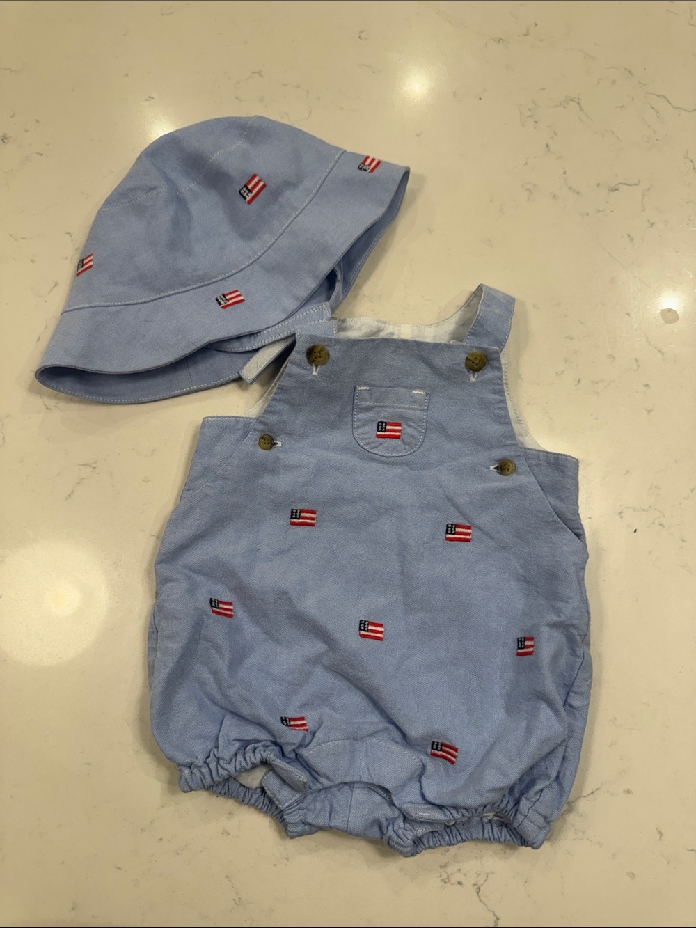 Janie and Jack Light Blue Flag Embroidered Baby One-Piece with Matching Hat